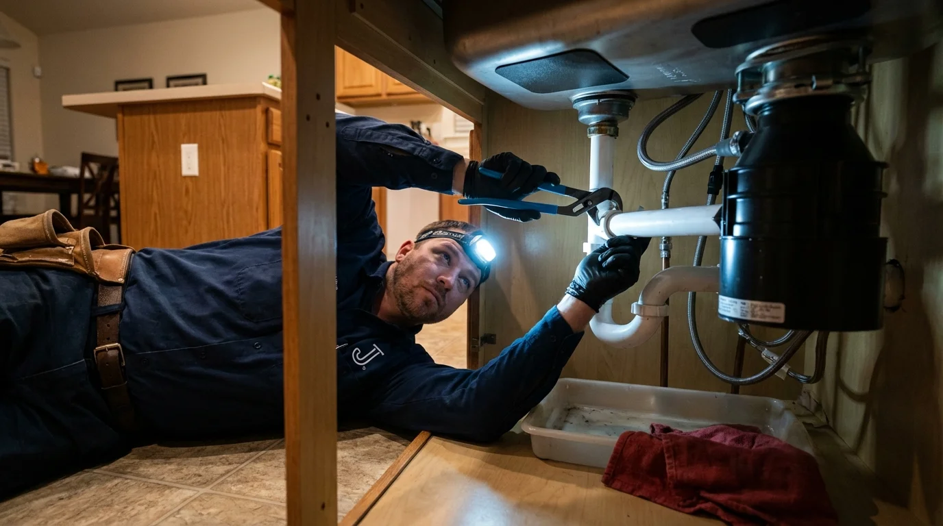 P-trap and supply line connections under a kitchen sink showing a common leak point in Hart, MI